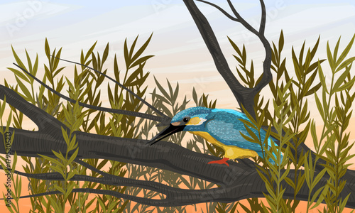 A kingfisher sits on a tree branch at dawn. Coastal vegetation and wild birds. Realistic vector landscape