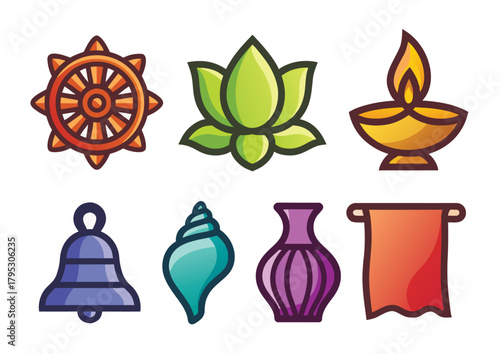 Colorful icons inspired by Eastern culture - a dharma wheel, lotus, oil lamp, bell, conch shell, vase, and banner - clean vector pack