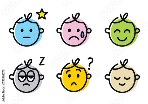 Cute baby face icons showing emotions - surprised, sad, happy, sleepy, confused, calm - clean pastel emoji set on white