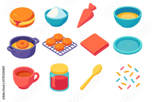 Sufganiyot Icon Set. Sufganiyot Delights flat icons: jelly doughnut, powdered sugar, pastry bag, mixing bowl, frying pot, cooling rack, napkin, plate, tea cup, jam jar, spoon.