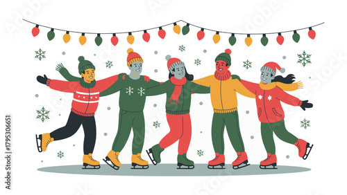 Winter Fun on Ice: A cheerful group of friends skates hand-in-hand, illuminated by festive lights, capturing the spirit of winter festivities.