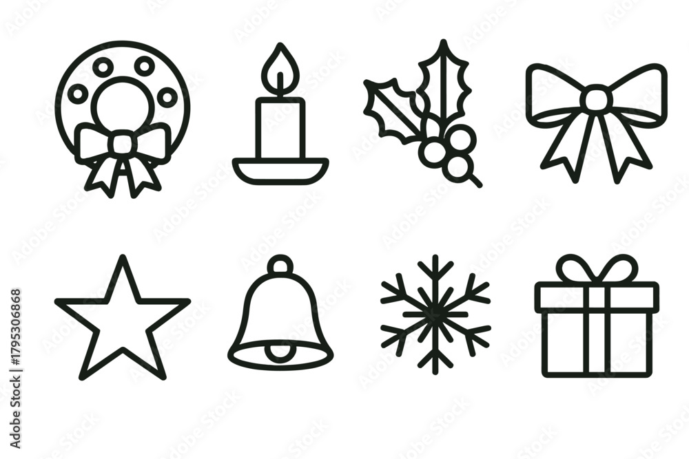 Fototapeta premium Festive Icon Array. Traditional Festivities linear icons: wreath, candle, holly branch, ribbon, star, bell, snowflake, gift.