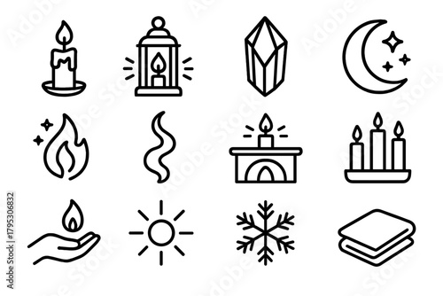 Sacred Ritual Symbols. Sacred Light Rituals linear icons: wax candle, lantern glow, crystal, moon, flame spark, smoke wisp, altar, candle trio, hand with flame, gentle light.