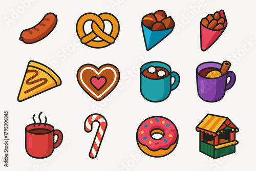 Festive Treat Icons. Holiday Market Snacks flat icons: bratwurst, pretzel, roasted chestnuts, candied almonds, crepe, gingerbread heart, hot chocolate, mulled wine, mug with steam.
