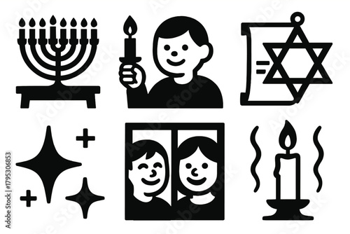 Family Candle Lighting Icons. Family Candle Lighting silhouette icons set: menorah on table, child holding candle, star ornament, blessings scroll, candlelight shimmer, framed.