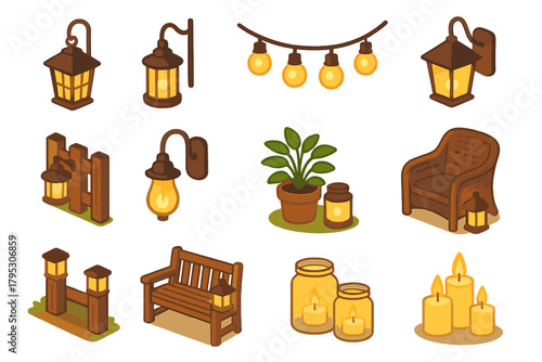 Rustic Lighting Icons. Rustic Outdoor Lighting flat icons: hanging lanterns, wooden fence lights, string bulbs, vintage fixtures, potted plants, wicker furniture, warm glow, soft.