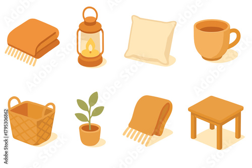 Warm Minimalist Icons. Warm Minimalism flat icons: linen throw, glowing lantern, neutral pillow, ceramic cup, woven basket, small plant, wool scarf, wooden table.