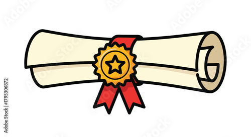 Celebrate achievements with a prestigious award diploma scroll featuring a golden star seal and vibrant red ribbons symbolizing success and recognition, Generative AI