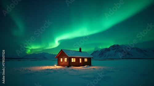 Fototapeta Naklejka Na Ścianę i Meble -  A lonely wooden cabin glowing warmly under a breathtaking green aurora borealis.