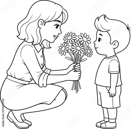 Mother and Child with Bouquet of Flowers Coloring Page Vector Illustration
