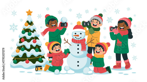 Winter Wonderland's Story: A merry group of children, bundled in warm winter attire, surrounds a freshly-built snowman.