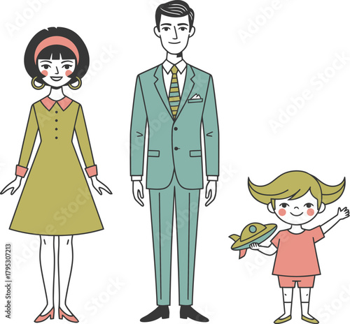 Stylized illustration of a happy retro family from the 1960s with parents and a young daughter
