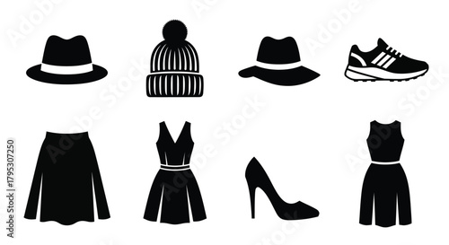 Set of black fashion clothing and accessory icon