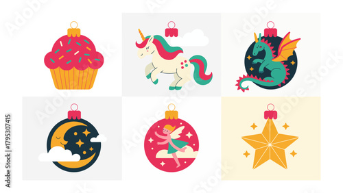 Festive Ornament Selection: A delightful assortment of festive ornaments, each showcasing a unique, whimsical design perfect for the holiday season. The collection includes a cupcake, unicorn, dragon.