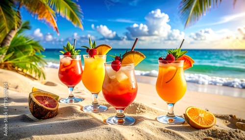Fototapeta Naklejka Na Ścianę i Meble -  Vibrant cocktails on a sunny beach with turquoise ocean, palm trees, and bright sky evoke a tropical vacation mood