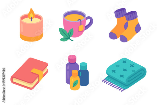 Wellness Care Package Icons. Wellness Care Packages flat icons: candle, herbal tea, cozy socks, journal, essential oils, blanket.