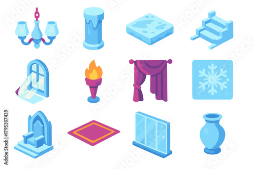 Modern Palace Icons. Palace Interior flat icons: chandelier, frozen pillar, frosted floor, staircase, window light, torch, draped curtain, snowflake pattern, glass wall, throne.