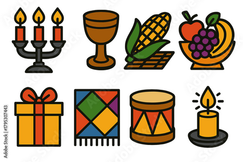Festive Table Icons. Festive Table Display silhouette icons set: candleholder centerpiece, wooden cup, corn on mat, fruit arrangement, gift wrap, colorful cloth, drum, glowing.