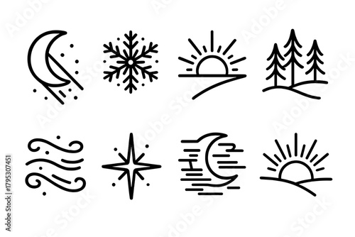 Winter Solstice Icons. Solstice Light linear icons: moonbeam, snow crystals, soft horizon, pine silhouettes, frosty air, radiant star, night mist, dawn glow.