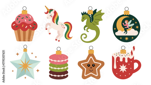 Whimsical Ornaments Collection: A delightful ensemble of festive ornaments, each adorned with a unique charm, perfect for holiday decoration, adding a touch of magic and whimsy to any space.