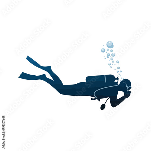 Silhouette of a scuba diver swimming underwater with bubbles