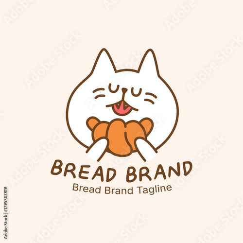Cute bakery logo featuring adorable cat mascot happily holding fresh croissant. Hand-drawn illustration with warm colors for pastry shop branding and packaging.