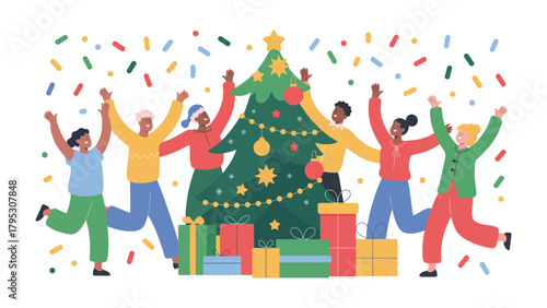 Foto Festive Joy: A jubilant group of people celebrate the holidays around a beautifully decorated tree, surrounded by colorful presents and confetti, evoking a sense of togetherness and excitement