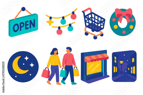 Late Night Shopping Icons. Late Night Shopping flat icons: open store sign, twinkling lights, shopping cart, festive decor, night sky, friends with bags, glowing storefront, street.