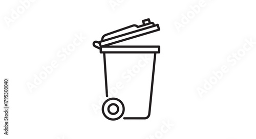 Simple line art of a wheeled trash bin with its lid open representing waste management and disposal solutions for modern environments, Generative AI