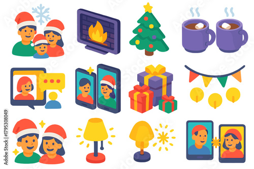 Festive Family Icons. Holiday Gathering flat icons: family wearing Santa hats, snowflake overlay, digital fireplace, decorated tree, hot cocoa mugs, shared stories, glowing screens.