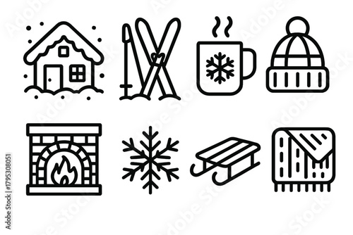 Winter Lodge Icons. Winter Lodge Retreat linear icons: snowcovered cabin, skis, hot cocoa mug, wool hat, fireplace, snowflake, sled, wool blanket.