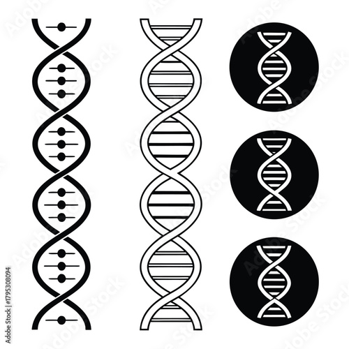 Illustration of dna double helix structures in varying styles and black and white color schemes design