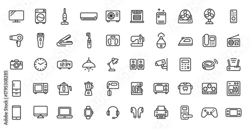 家電・デバイスのシンプルなラインアイコンセット（ベクター）50種