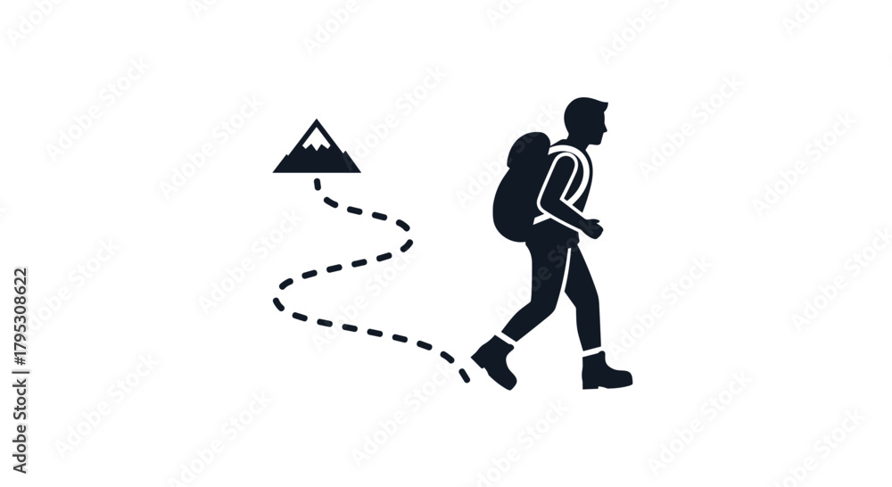 Obraz premium Adventurous hiker with backpack treks towards a majestic mountain peak symbolizing journey and exploration, Generative AI