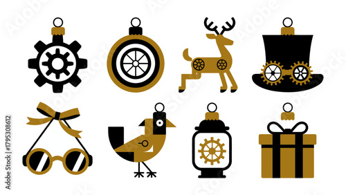 Steampunk Christmas Ornament Delight: A whimsical set of steampunk-inspired Christmas ornaments, blending industrial design with festive cheer, perfect for adding a unique touch to the holiday season.