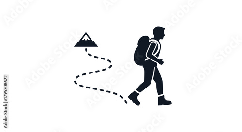 Adventurous hiker with backpack treks towards a majestic mountain peak symbolizing journey and exploration, Generative AI