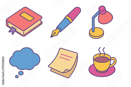 Isometric Reflection Icons. Personal Reflection flat icons: diary, fountain pen, lamp, thought bubble, book page, tea cup.