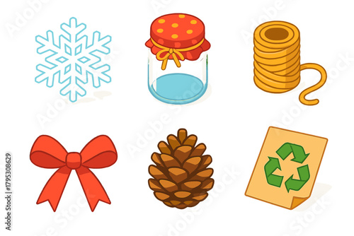 Upcycled Holiday Icons. Upcycled Holiday Crafts flat icons: paper snowflake, glass jar, twine, ribbon, pinecone, recycled paper.