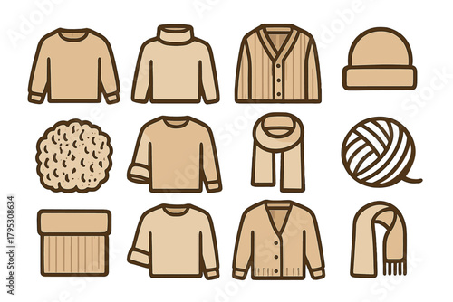 Bold Knit Icons. Minimal Knit Fashion silhouette icons set: beige sweater, cream turtleneck, ribbed cardigan, folded edge, soft wool texture, linen background, neutral palette.