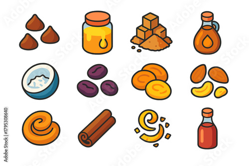Sweet Treat Icons. Sweet Additions flat icons: chocolate chips, honey jar, brown sugar, maple syrup, coconut flakes, raisins, dried fruit, nuts, caramel swirl, cinnamon stick.