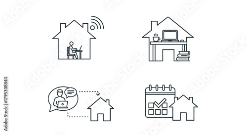 Modern remote work concepts visualized: home office online communication and flexible scheduling icons for business success, Generative AI