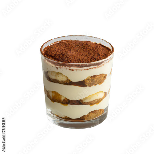 Layered tiramisu dessert with cocoa dusting glass cream