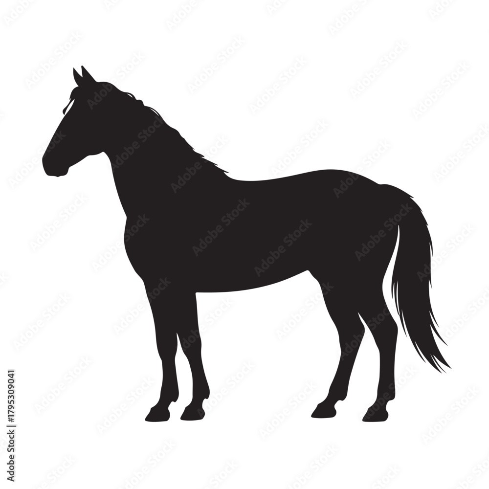 Fototapeta premium Silhouette of a horse isolated on white background, showcasing its muscular build and flowing mane in a simple yet elegant design