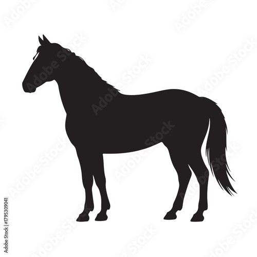 Silhouette of a horse isolated on white background, showcasing its muscular build and flowing mane in a simple yet elegant design