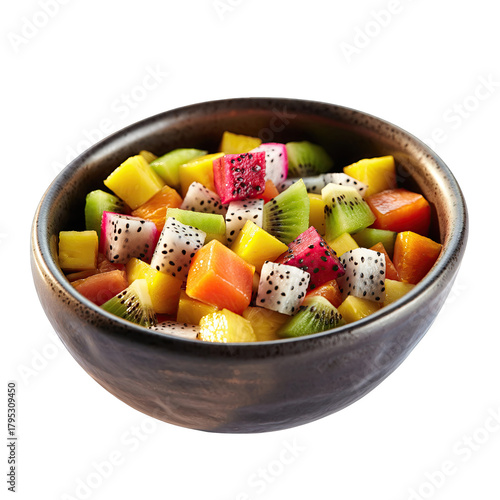 A Bowl Of Fresh Tropical Fruit Salad Including Dragon Fruit Kiwi Mango And Papaya Set Against A Dark Background