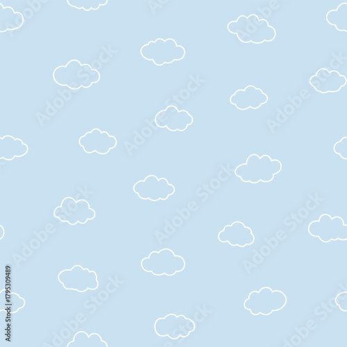 Lineart cloud seamless vector pattern cartoon continuous line soft blue background Fabric Print