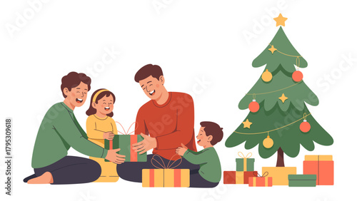Christmas Gift of Togetherness: In a vibrant illustration, a happy family unwraps gifts. A beautifully decorated tree sets the stage, with colorful presents scattered below.