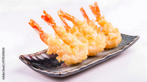 Minimalist food photography featuring four tempura shrimp placed diagonally. The texture of the ceramic plate is clearly visible. There are faint shadows in the blank area of the background. Cool whit