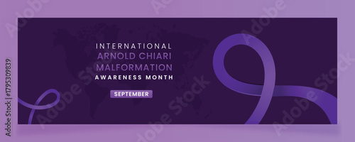 International Arnold Chiari Malformation Awareness Month in September: Purple Ribbon Banner with World Map