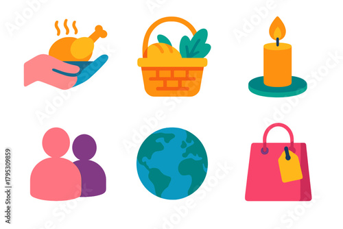 Giving Spirit Icons. Giving Spirit flat icons: shared food, basket, candle, people silhouettes, globe, gift bag.